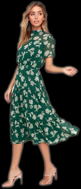 Green Floral Midi Dress Model PNG Image