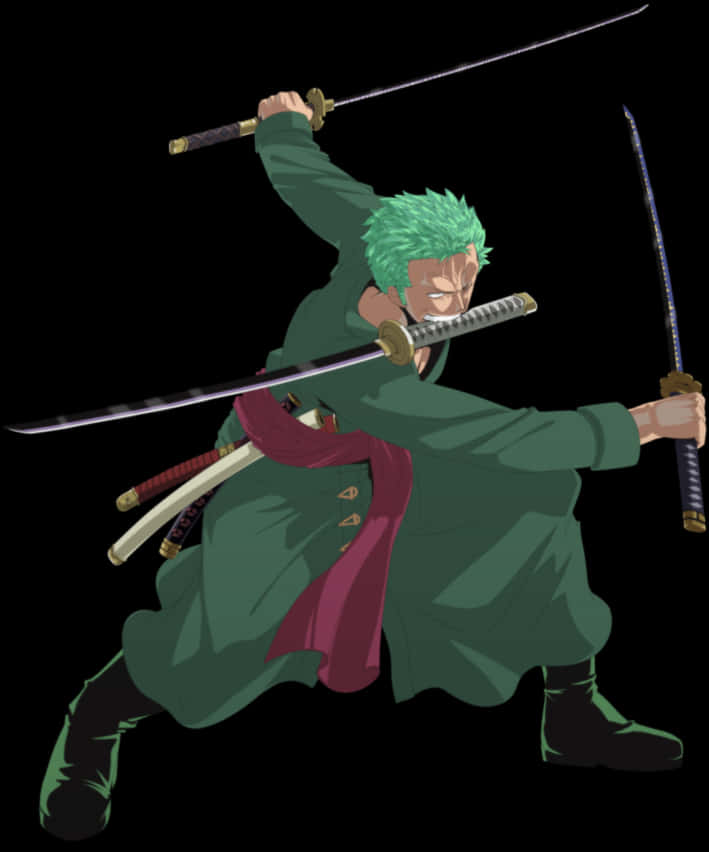 Green Haired_ Swordsman_ Action_ Pose PNG Image