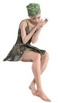 Green Haired Woman Sitting Cross Legged PNG Image