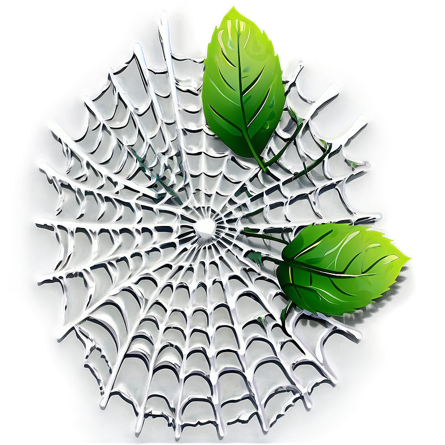 Green Leaveson Spider Web PNG Image