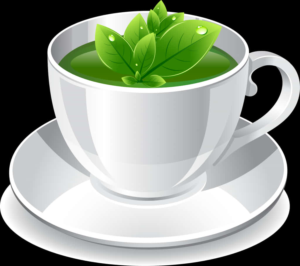 Green Tea Cupwith Leaves Vector PNG Image