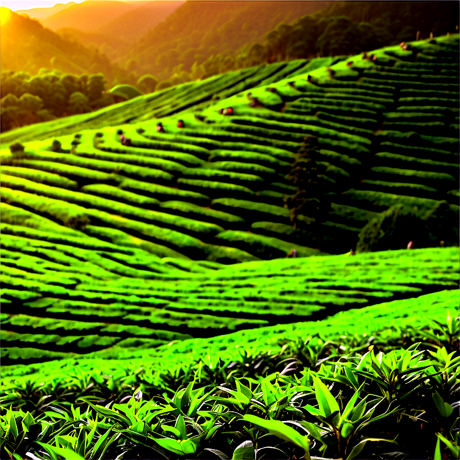 Green Tea Field Sunset Png Twj PNG Image