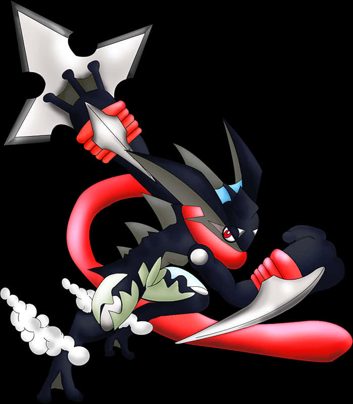 Greninja With Water Shurikenand Sword PNG Image