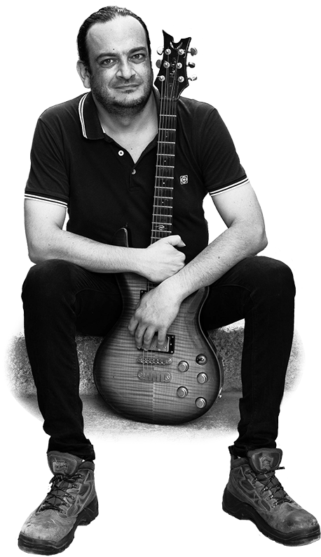 Guitarist Posing With Instrument PNG Image