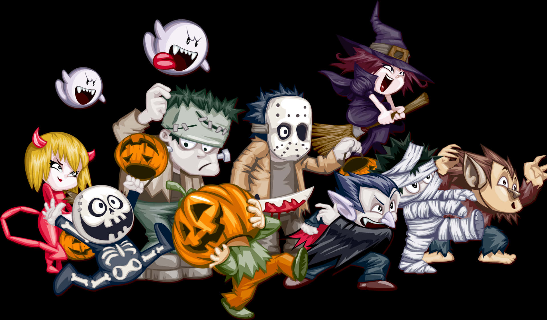 Halloween Cartoon Characters Parade PNG Image