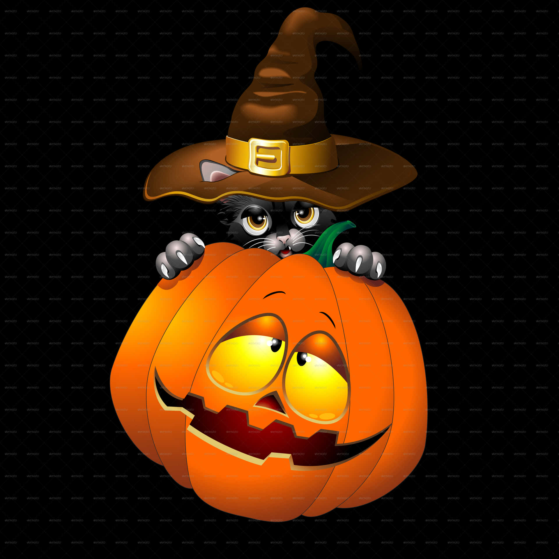 Halloween Cat Peeking Behind Pumpkin PNG Image