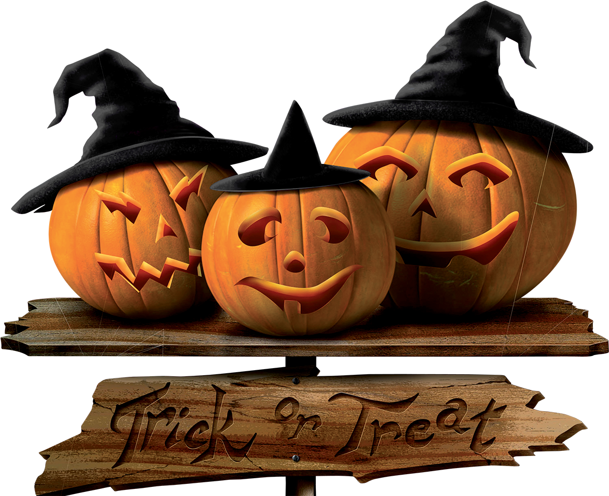 Halloween Pumpkin Trio With Witch Hats PNG Image