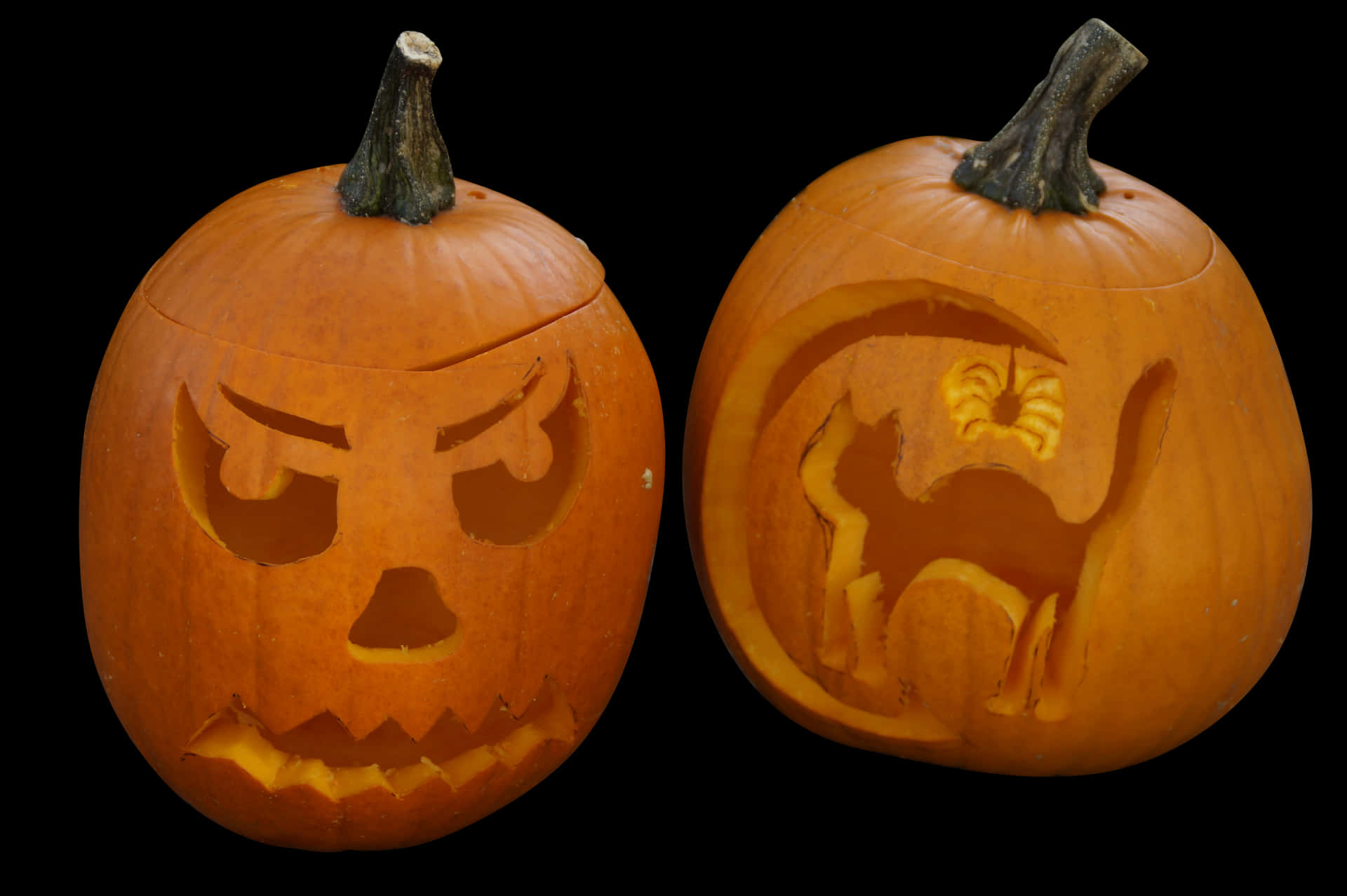 Halloween Pumpkins Carved Faces Catand Scary PNG Image