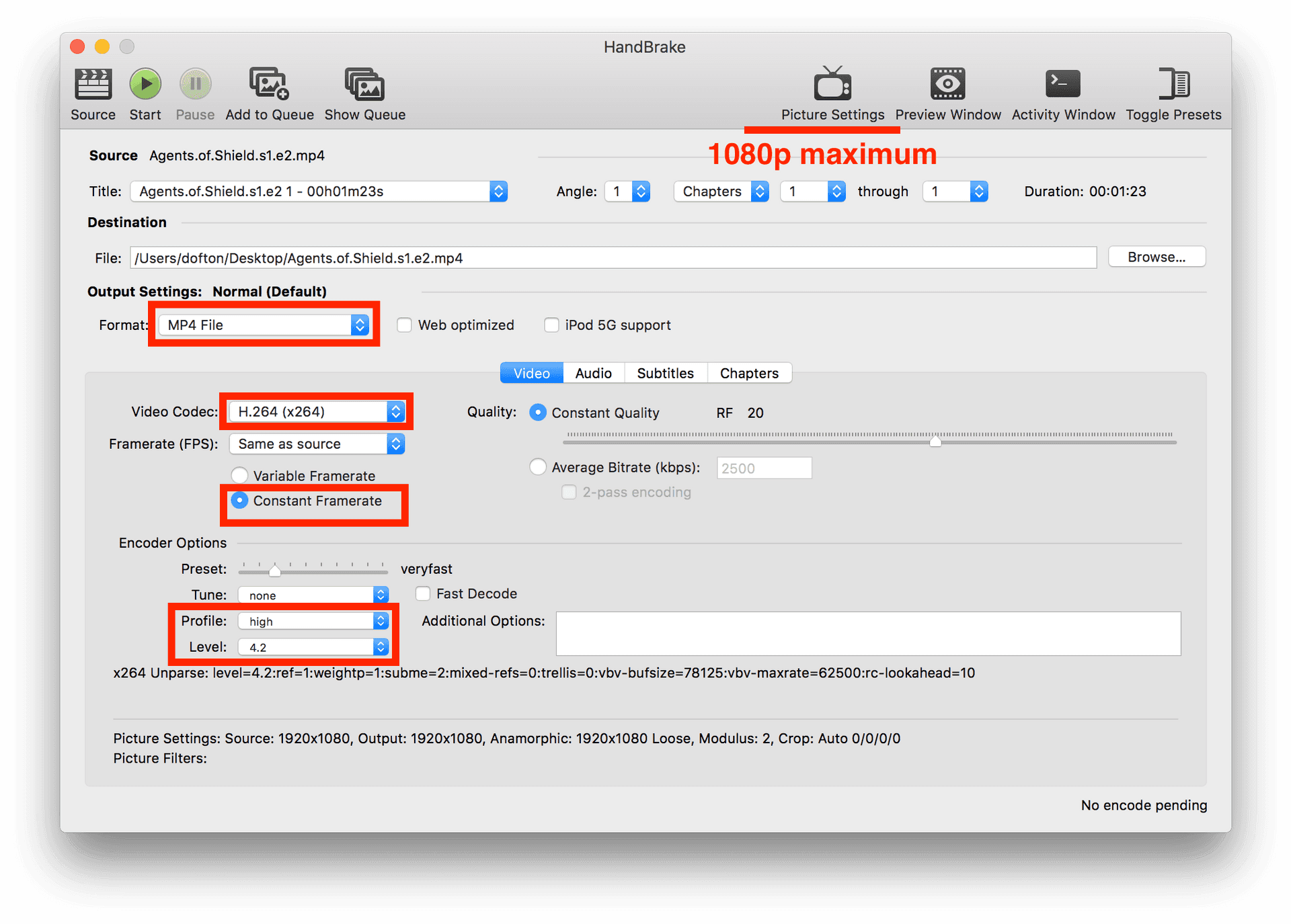 Hand Brake Video Encoding Settings Screenshot PNG Image