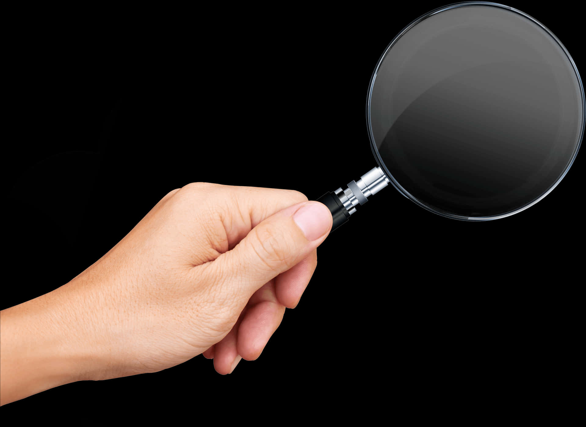 Hand Holding Magnifying Glass Black Background.jpg PNG Image