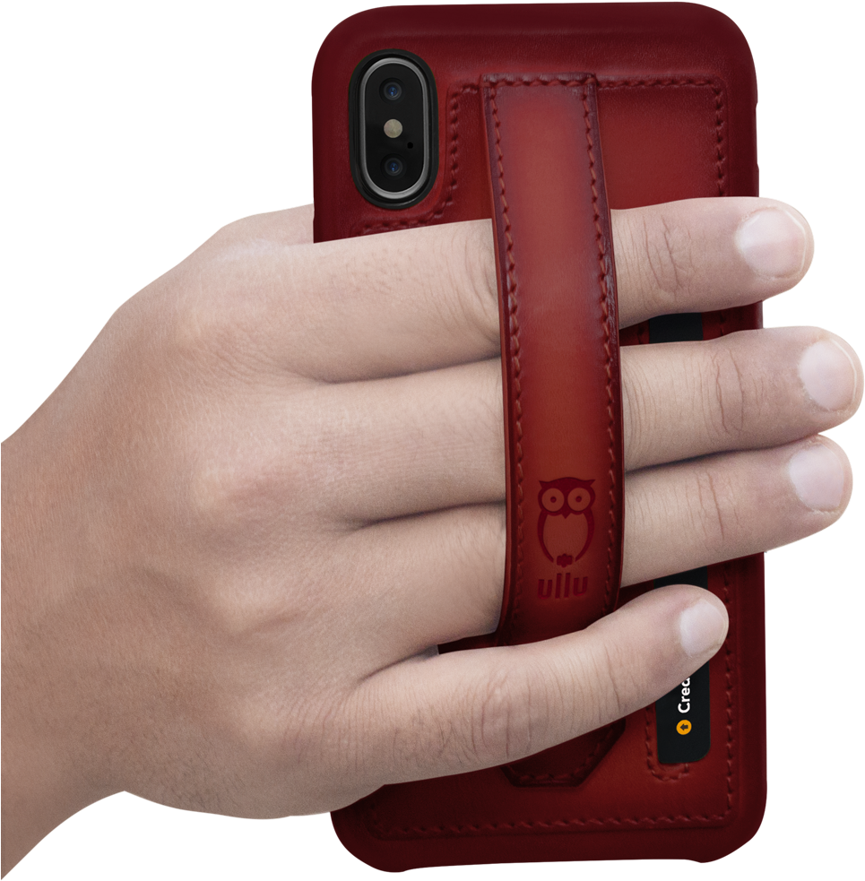 Hand Holding Red Leather Phone Case PNG Image