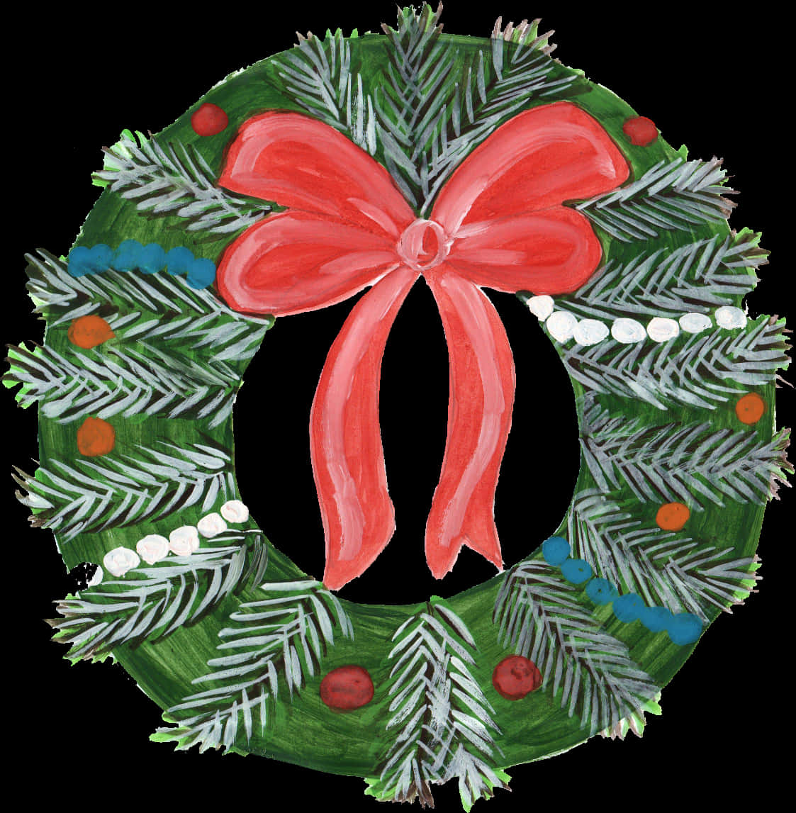 Hand Painted Christmas Wreathwith Red Bow PNG Image