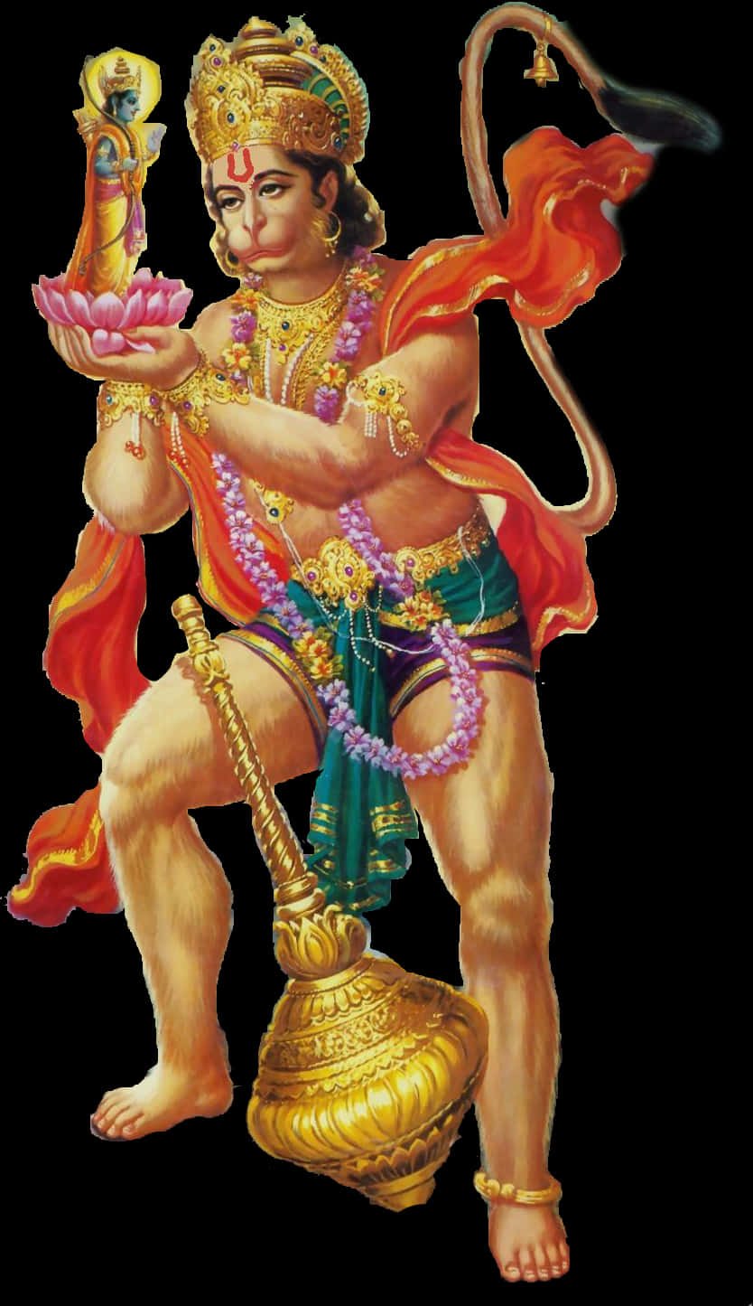 Hanuman Holding Lotusand Mace PNG Image