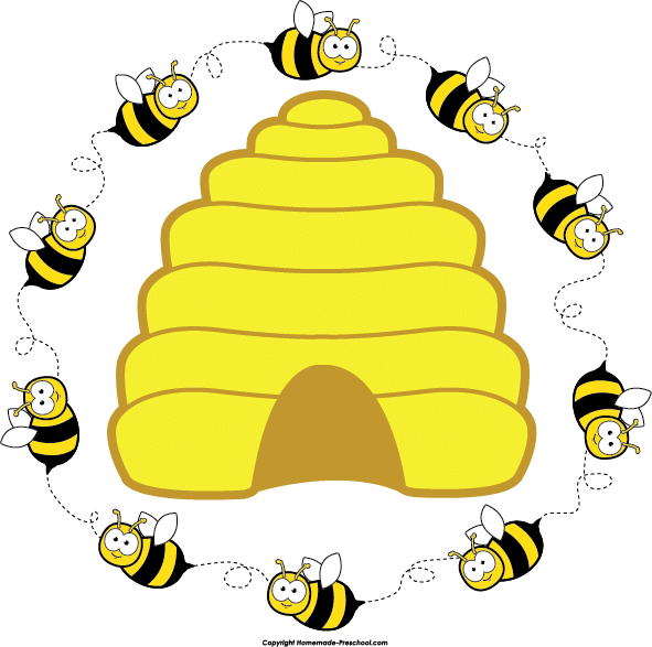 Happy Bees Circling Hive Clipart PNG Image