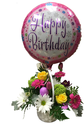 Happy Birthday Balloonand Flower Bouquet PNG Image