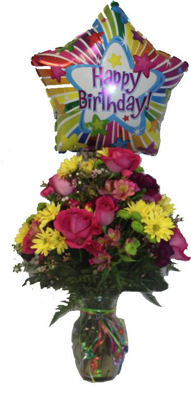 Happy Birthday Balloonand Flower Bouquet PNG Image