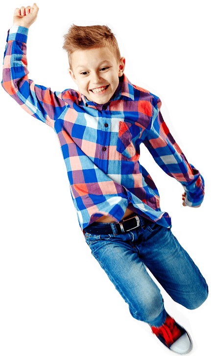 Happy Boy Jumping In Plaid Shirt PNG Image