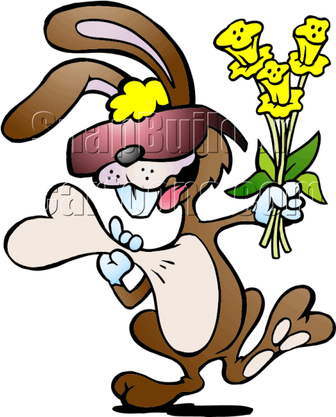 Happy Cartoon Rabbitwith Flowers PNG Image