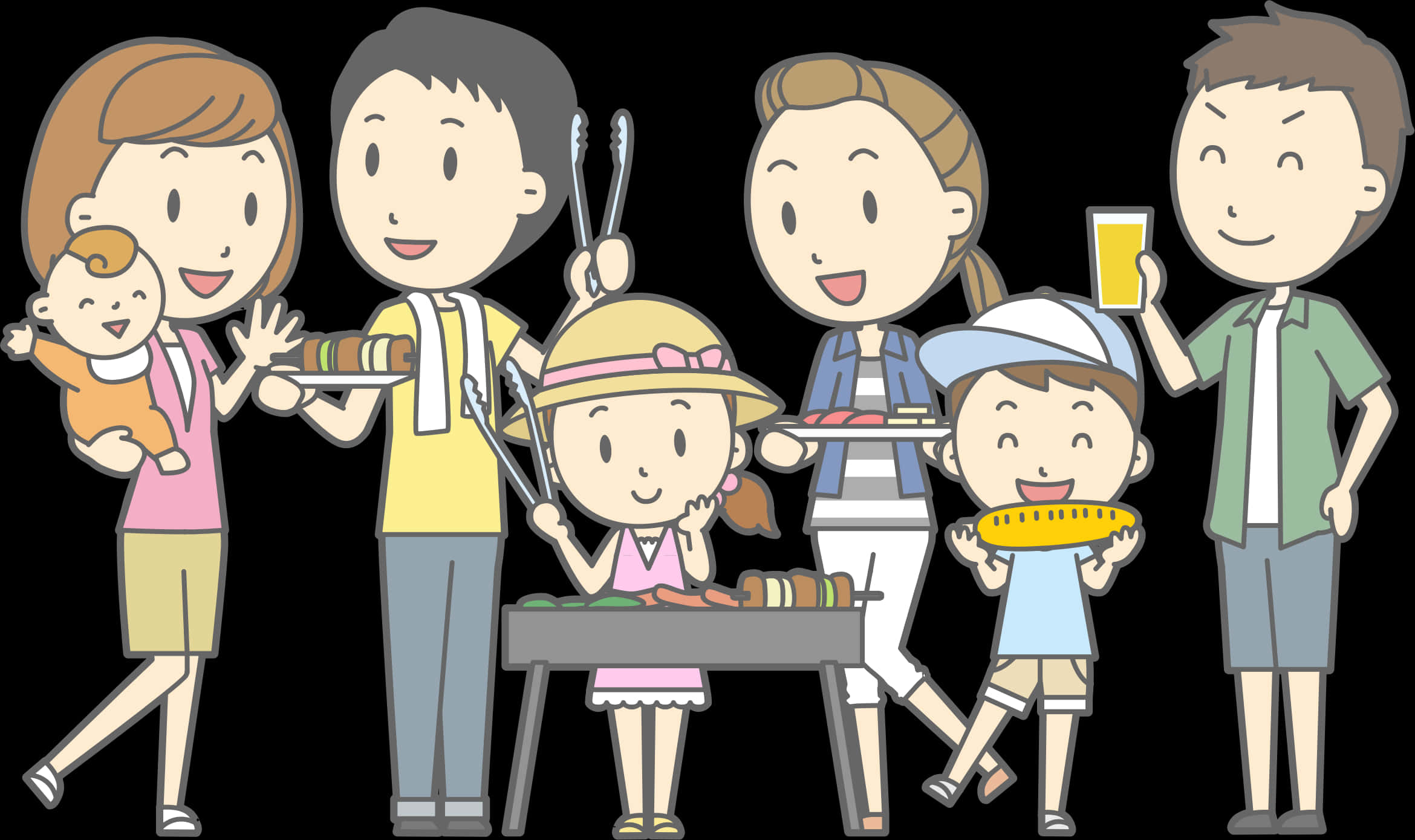 Happy Family Barbecue Cartoon PNG Image