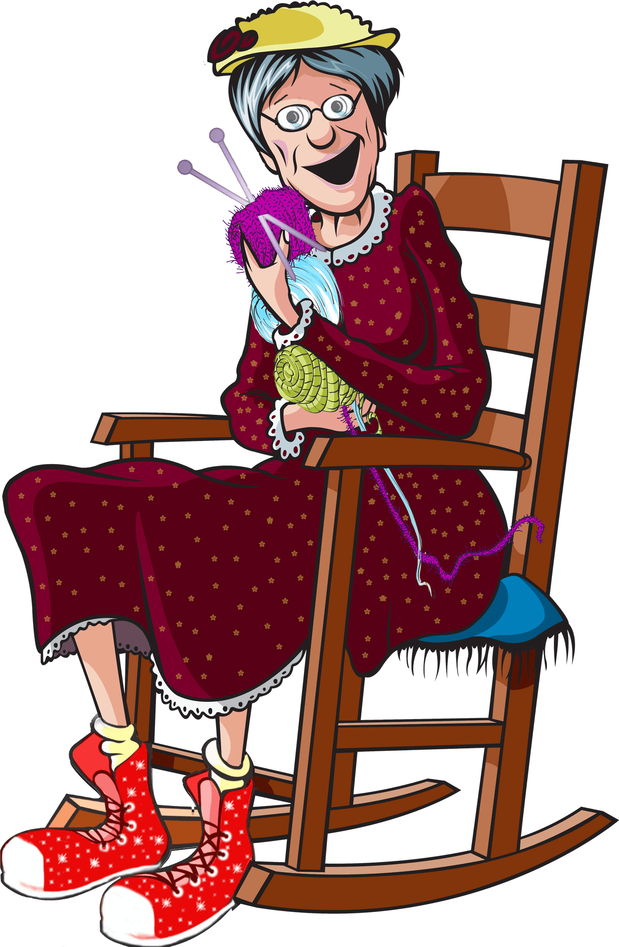 Happy Granny Knittingin Rocking Chair PNG Image