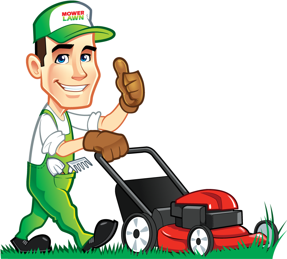 Happy Lawn Care Professionalwith Mower PNG Image