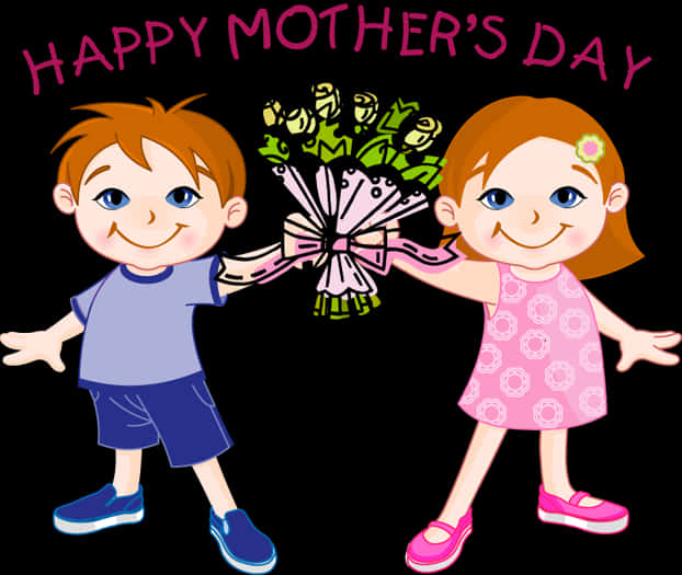 Happy Mothers Day Cartoon Children Bouquet PNG Image