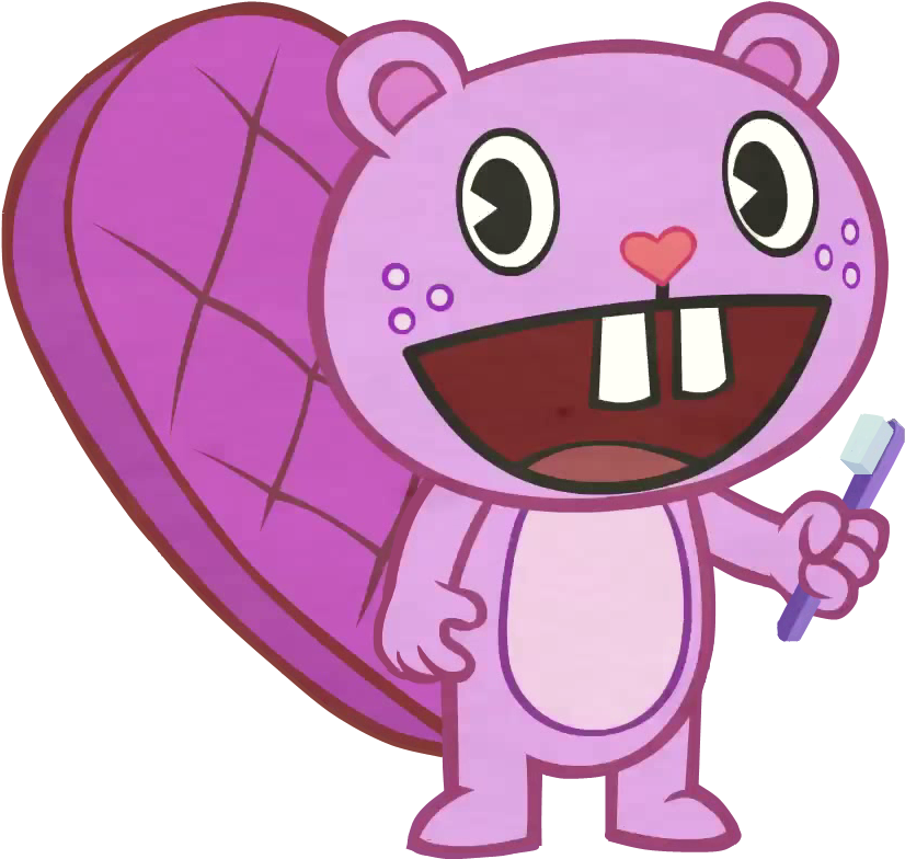 Happy Pink Cartoon Character With Toothbrush PNG Image