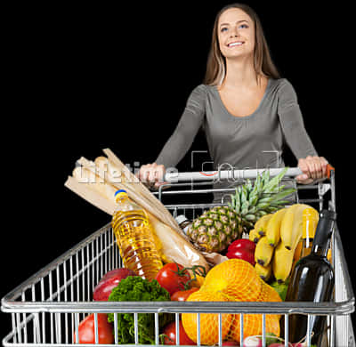 Happy Shopper With Full Grocery Cart PNG Image