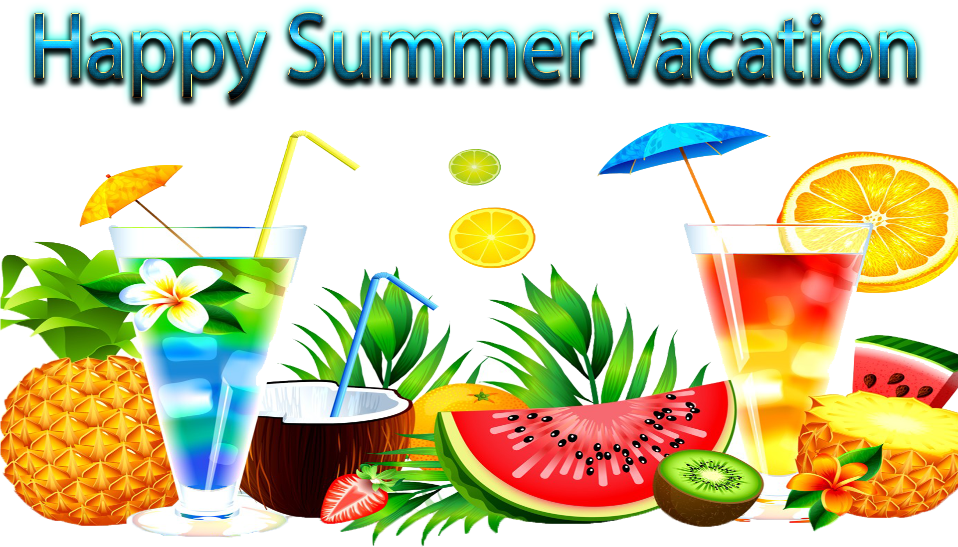 Happy Summer Vacation Tropical Drinksand Fruits PNG Image