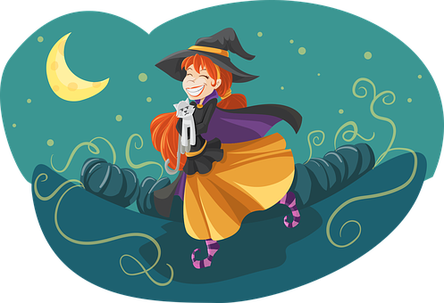 Happy Witch Flying With Cat PNG Image