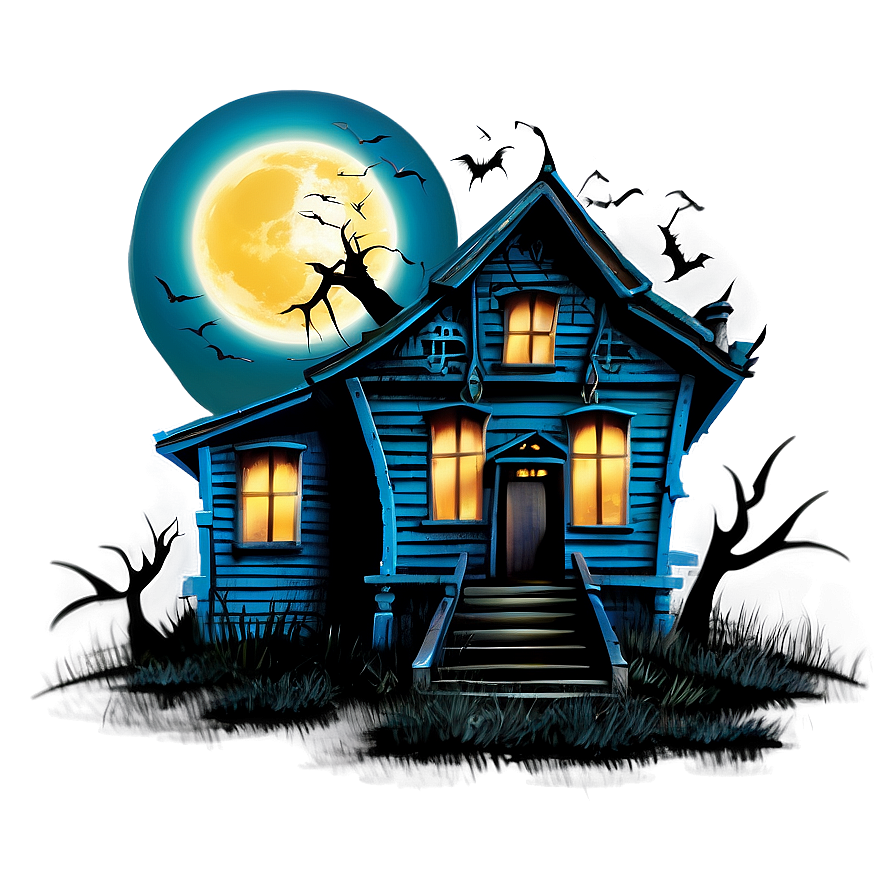 Haunted_ House_ Under_ Full_ Moon PNG Image