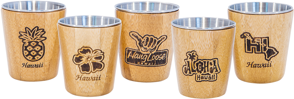 Hawaiian Themed Wooden Shot Glasses PNG Image