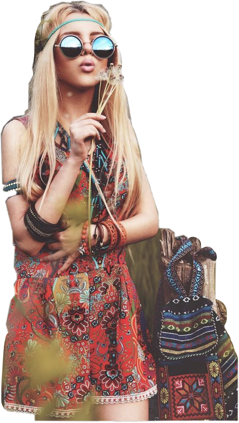 Hippie Girl With Dandelionand Boho Bag PNG Image