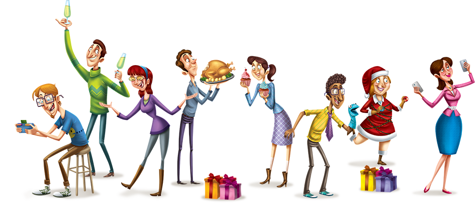 Holiday Celebration Cartoon Characters PNG Image