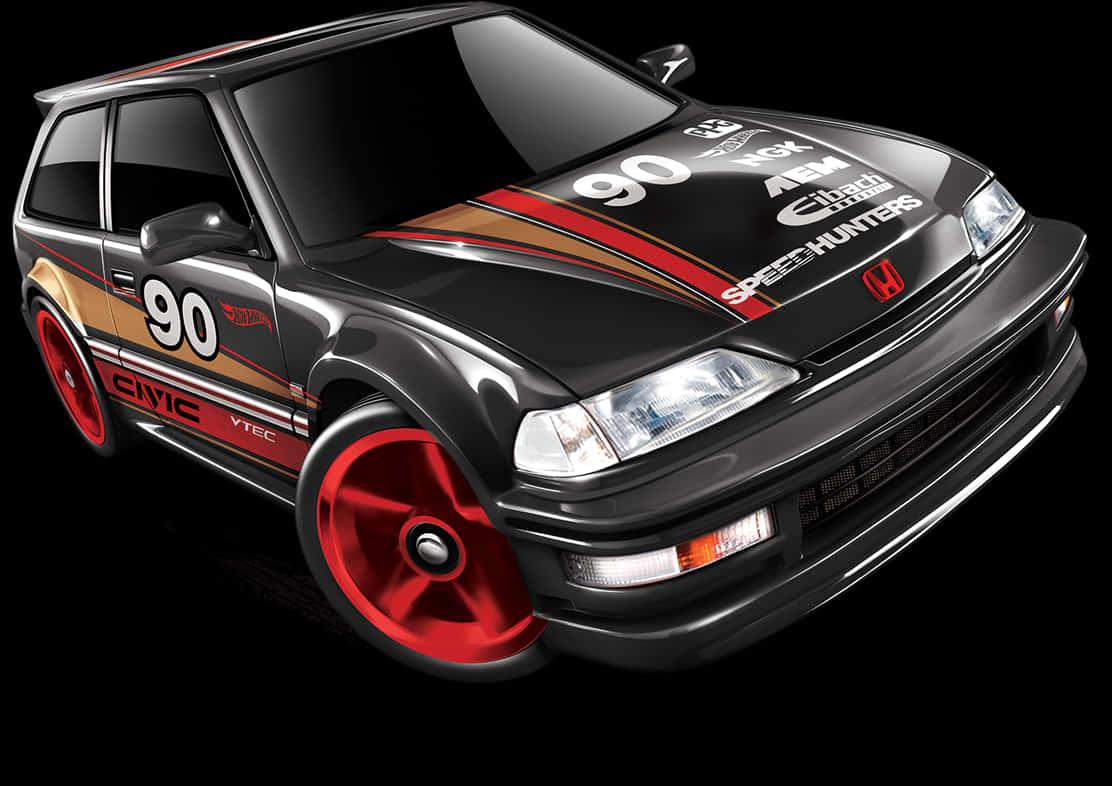 Hot Wheels Honda Civic Custom Black Red PNG Image