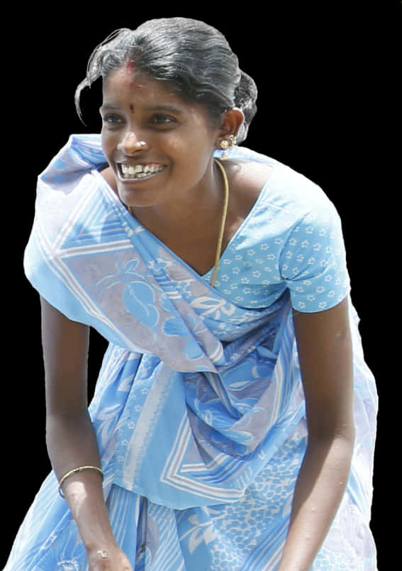 Indian Girlin Blue Sari Smiling PNG Image