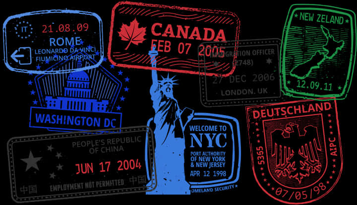 International Passport Stamps Collage PNG Image