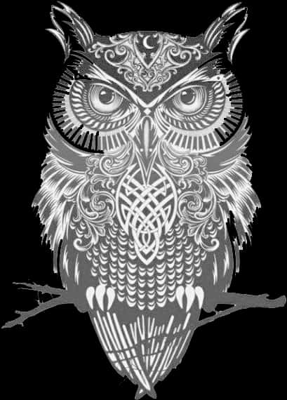 Intricate Owl Design Blackand White PNG Image