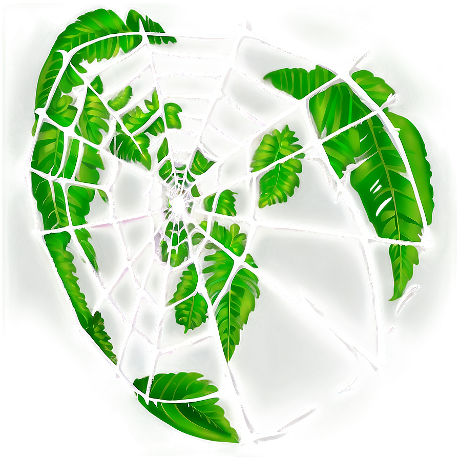 Intricate Spider Web Green Leaves Background PNG Image