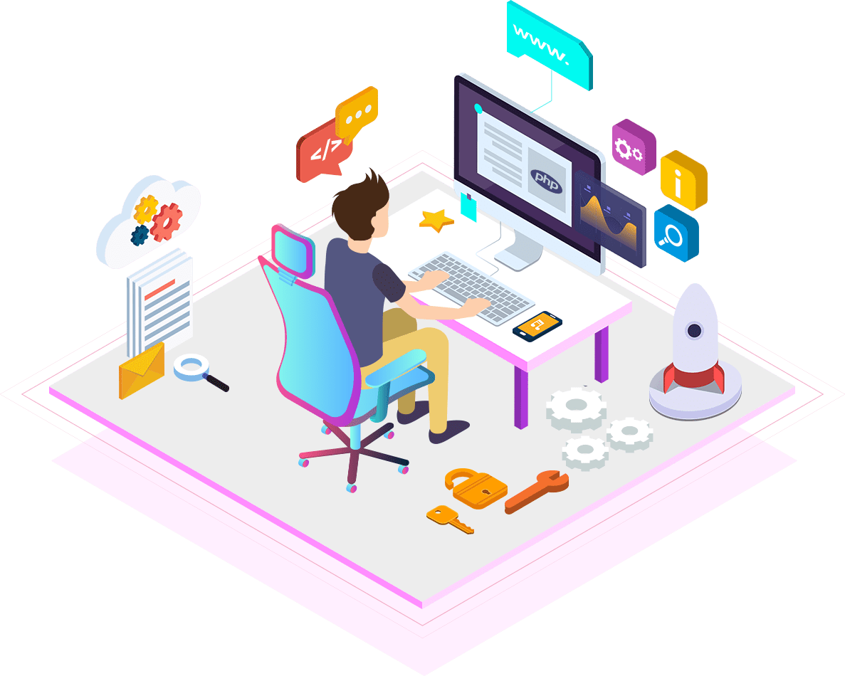 Isometric Developer Workspace Concept PNG Image