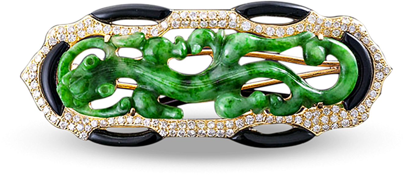 Jade Dragon Gold Diamond Brooch PNG Image