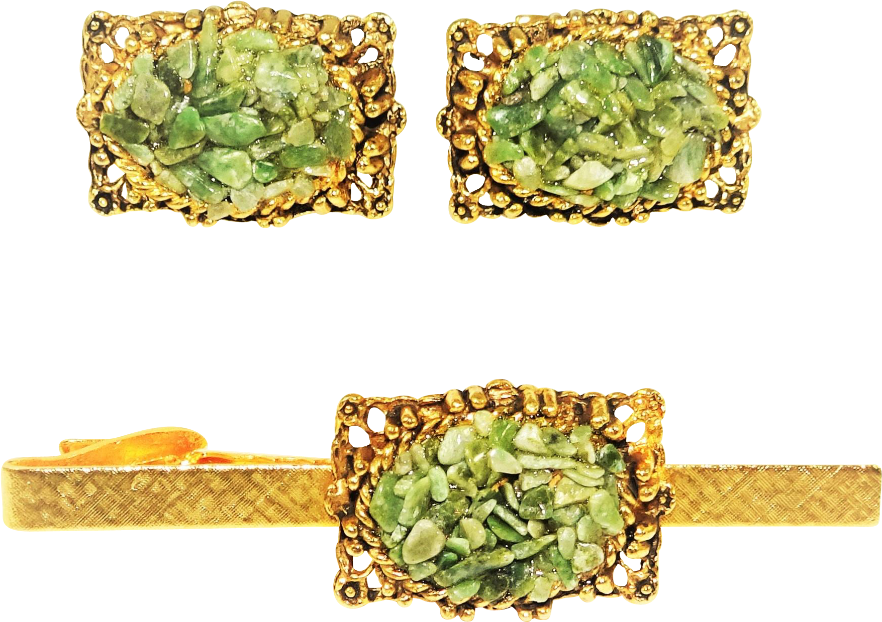 Jade Encrusted Golden Cufflinksand Tie Clip PNG Image