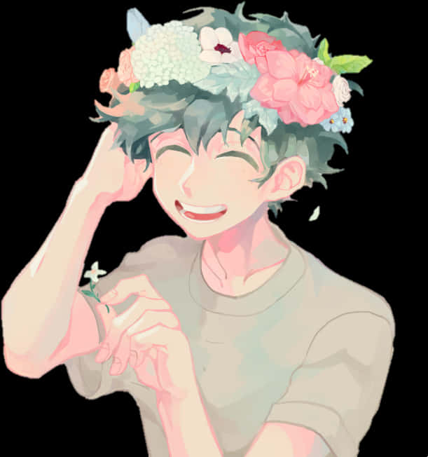 Joyful Anime Character Floral Crown PNG Image