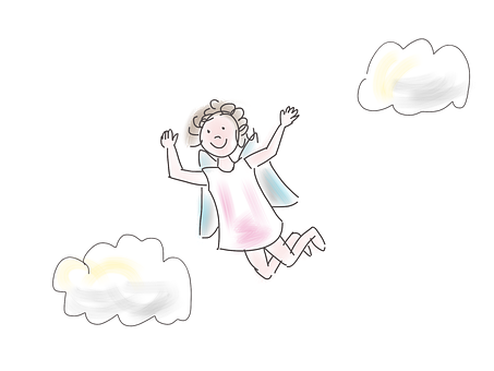 Joyful Cartoon Angel Flying Among Clouds PNG Image