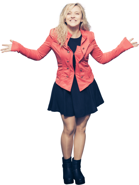 Joyful Womanin Red Jacketand Black Dress PNG Image