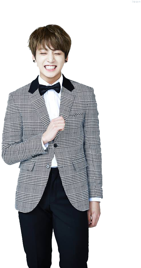 Jungkook Laughingin Checkered Suit PNG Image