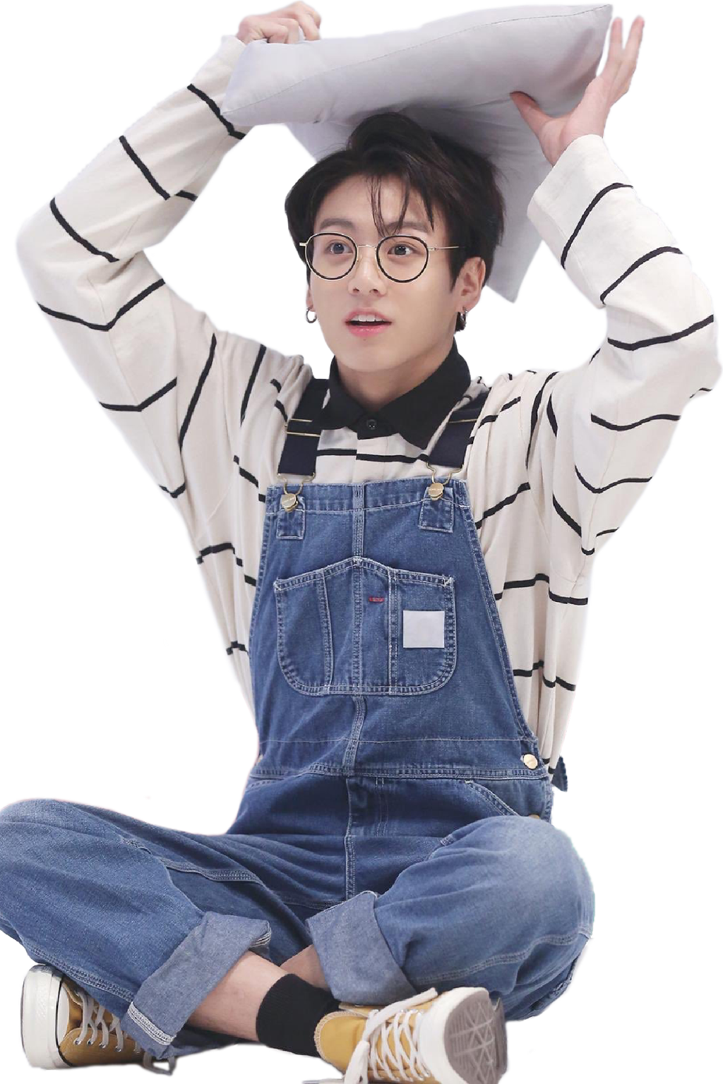 Jungkookin Striped Shirtand Denim Overalls PNG Image