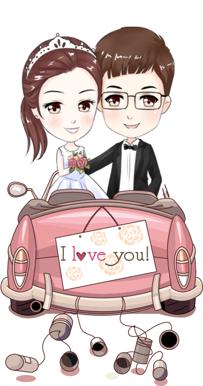 Just Married Couple Cartoon Car PNG Image