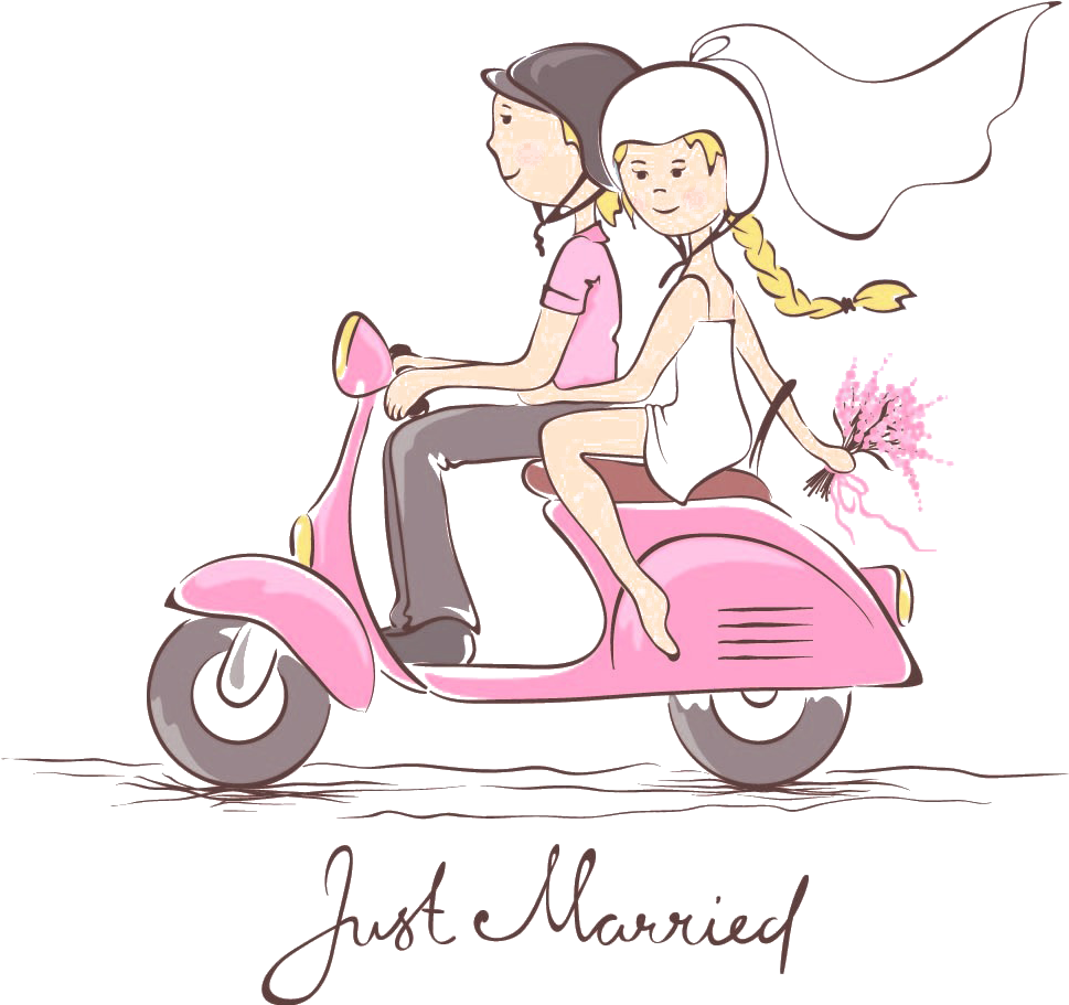 Just Married Coupleon Scooter PNG Image