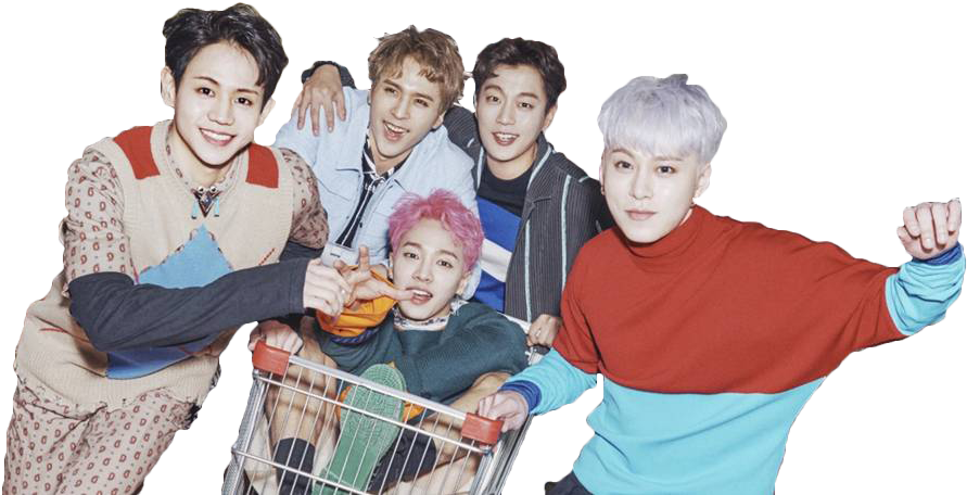 K Pop_ Group_ Fun_ Shopping_ Cart_ Pose PNG Image